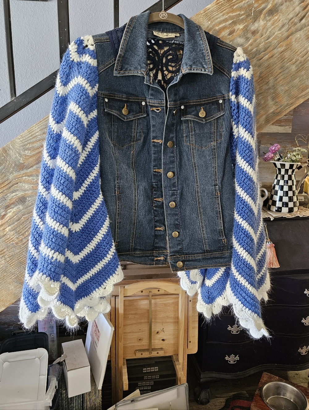 Denim Jacket with Blue + White Crochet Sleeves Upcycle